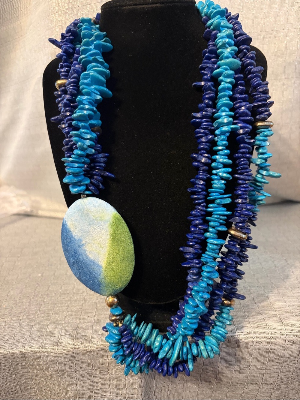 Blue Multi-Strand Gemstone Statement Necklace with Painted Pendant